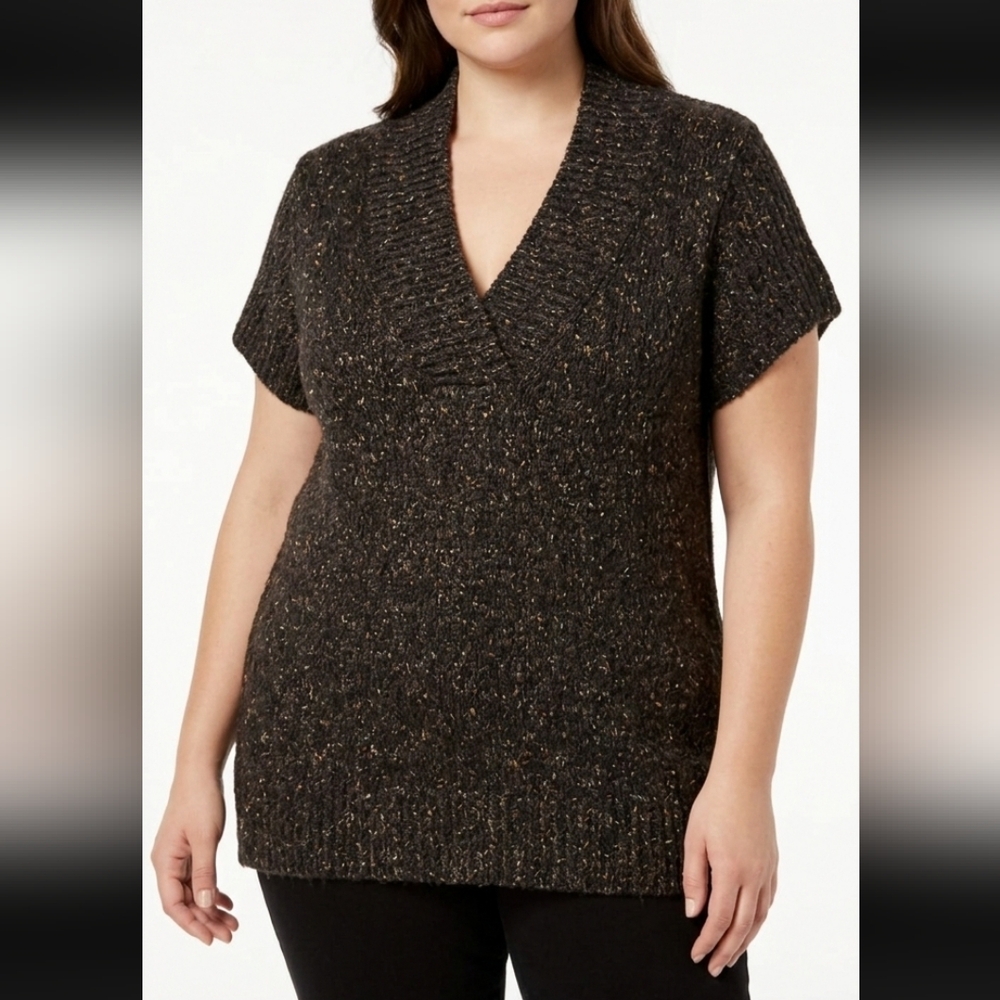 Cato Woman Sweater Size 18/20W Heather Brown Knit Vest V-Neck